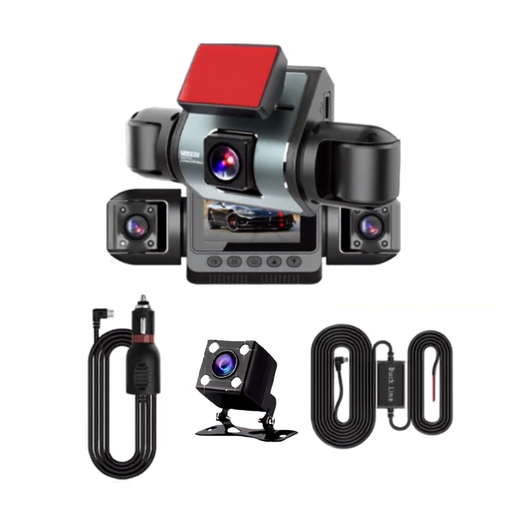 4-Channel WiFi Dash Cam 4-Lens kit with 24 hour parking monitor hardwire cable, cameras and cables on white background