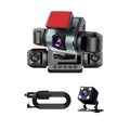 4-Channel WiFi Dash Cam full kit on white background including front, rear, left and right cameras with 12V power cable