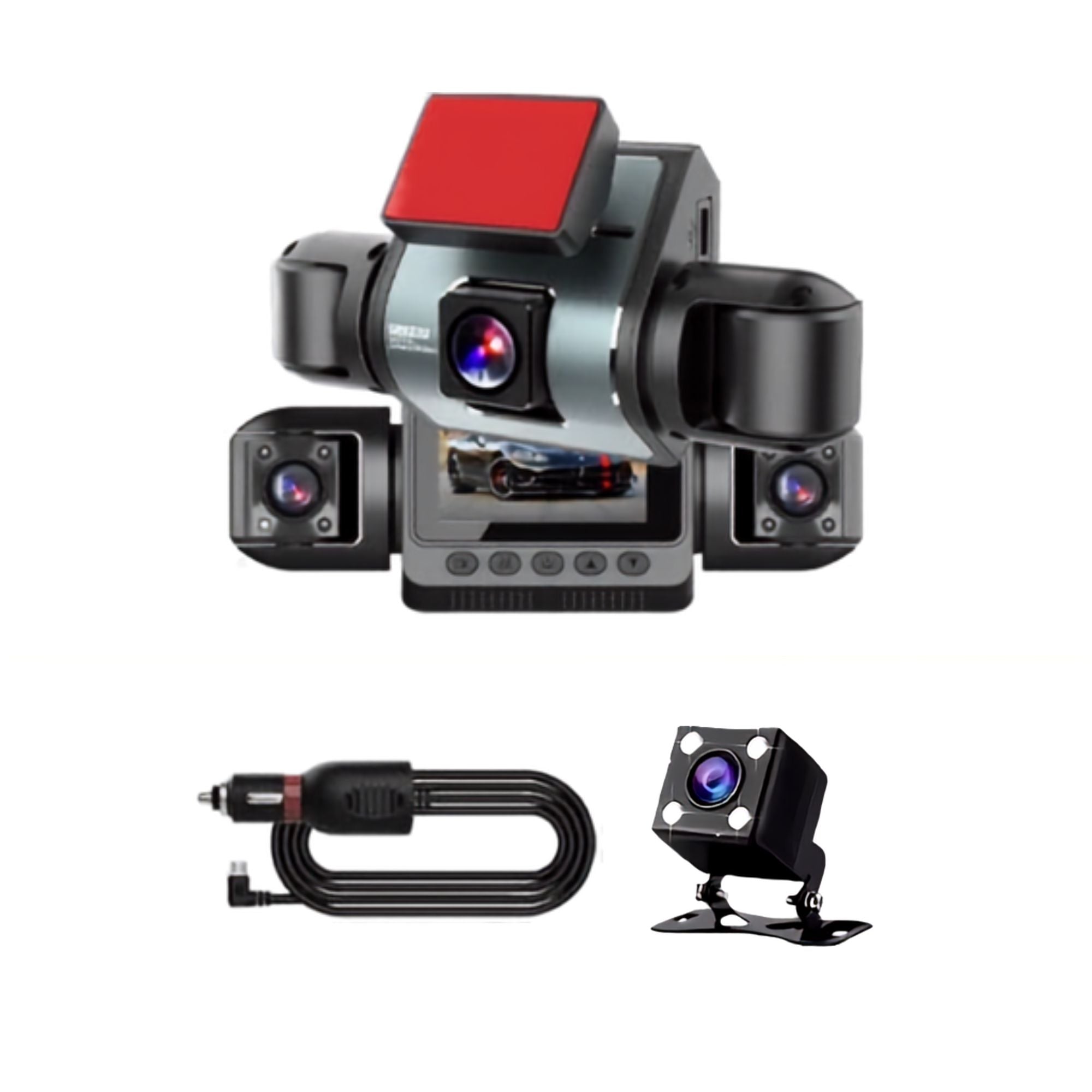 4-Channel WiFi Dash Cam full kit on white background including front, rear, left and right cameras with 12V power cable