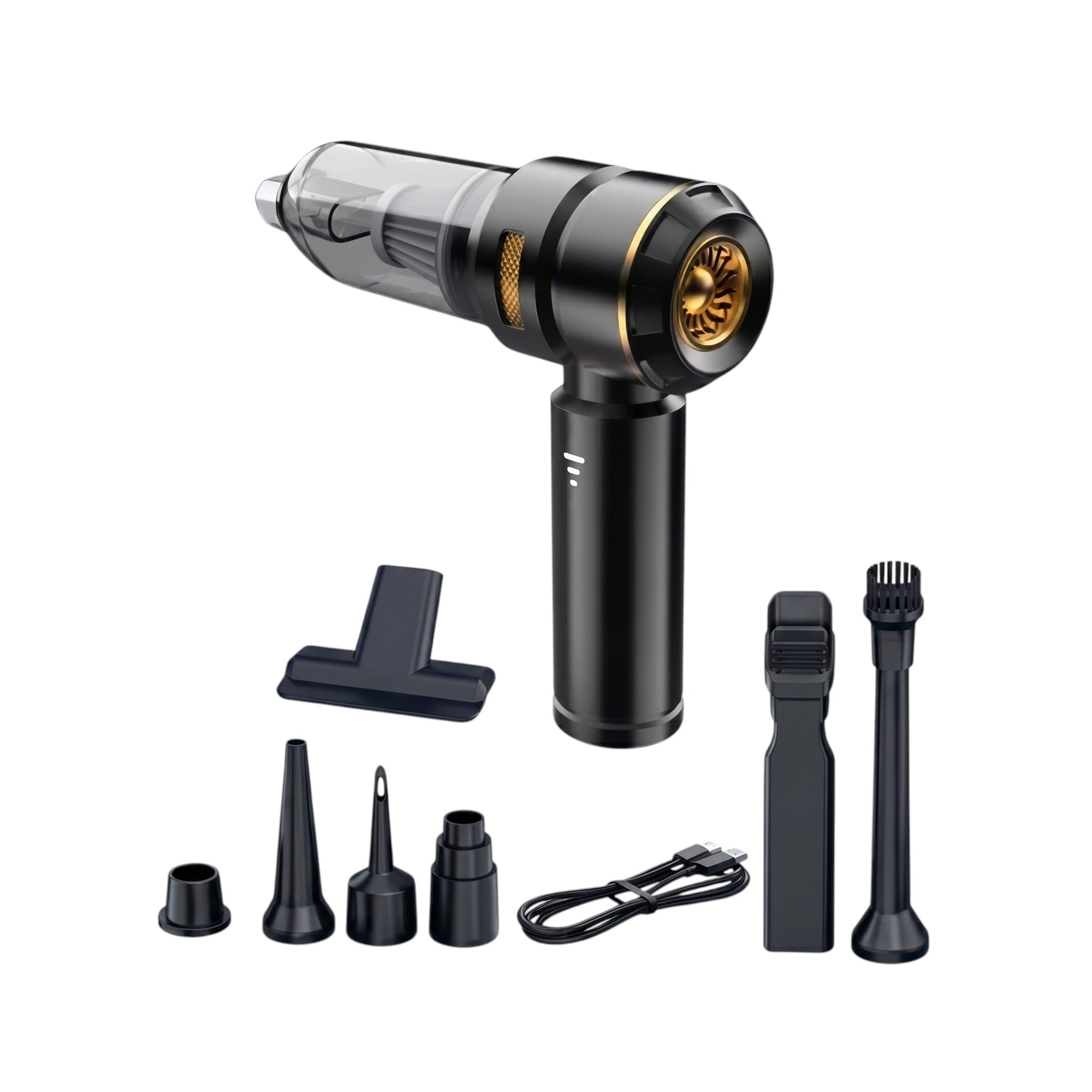 Front view of the standard black 4-in-1 cordless car vacuum cleaner kit, including vacuum unit and six nozzle accessories on a solid white background.