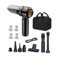 Front view of the ultimate black 4-in-1 cordless car vacuum cleaner bundle, including vacuum unit, storage bag, four filters, and six nozzle accessories on a solid white background.