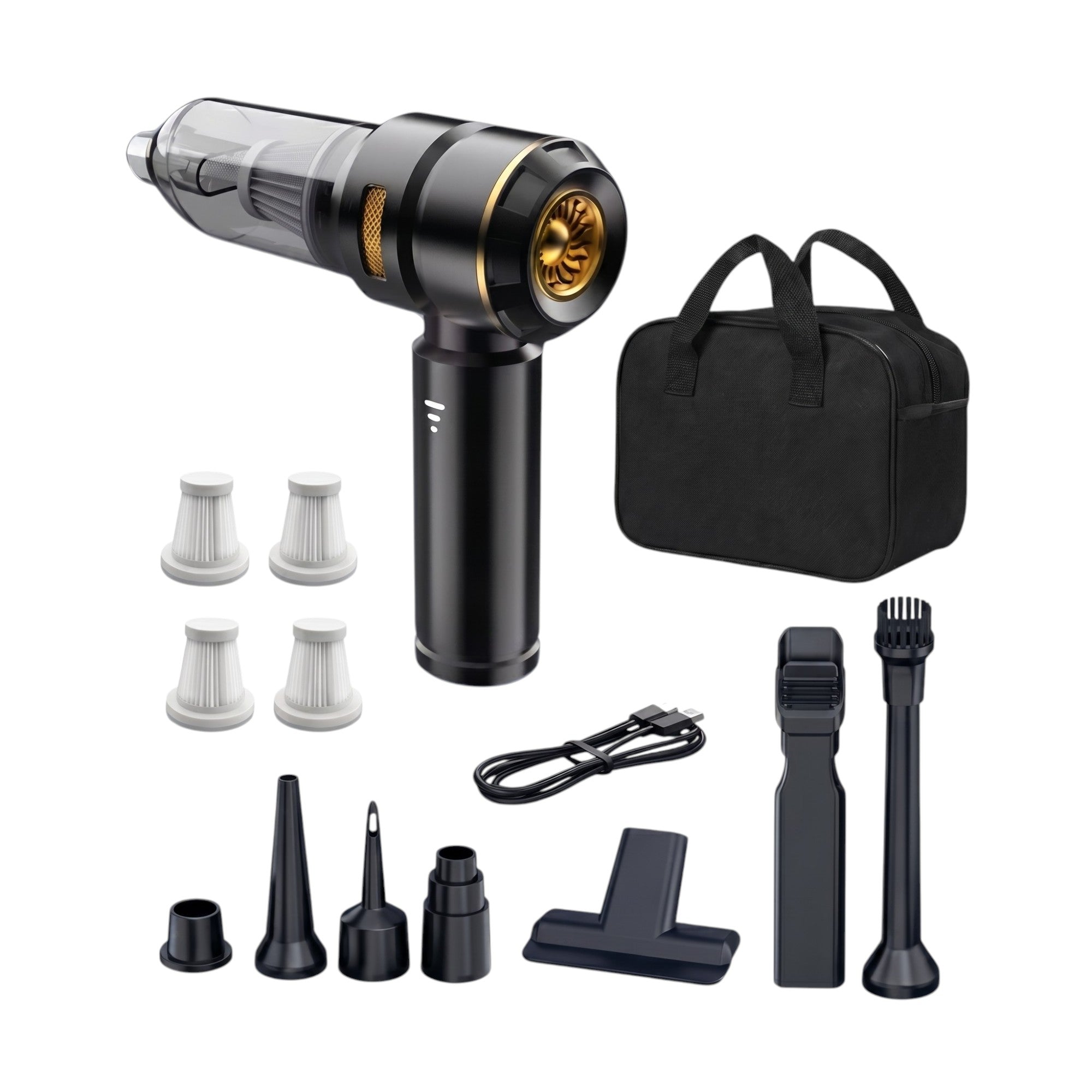 Front view of the ultimate black 4-in-1 cordless car vacuum cleaner bundle, including vacuum unit, storage bag, four filters, and six nozzle accessories on a solid white background.