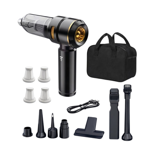 Front view of the ultimate black 4-in-1 cordless car vacuum cleaner bundle, including vacuum unit, storage bag, four filters, and six nozzle accessories on a solid white background.