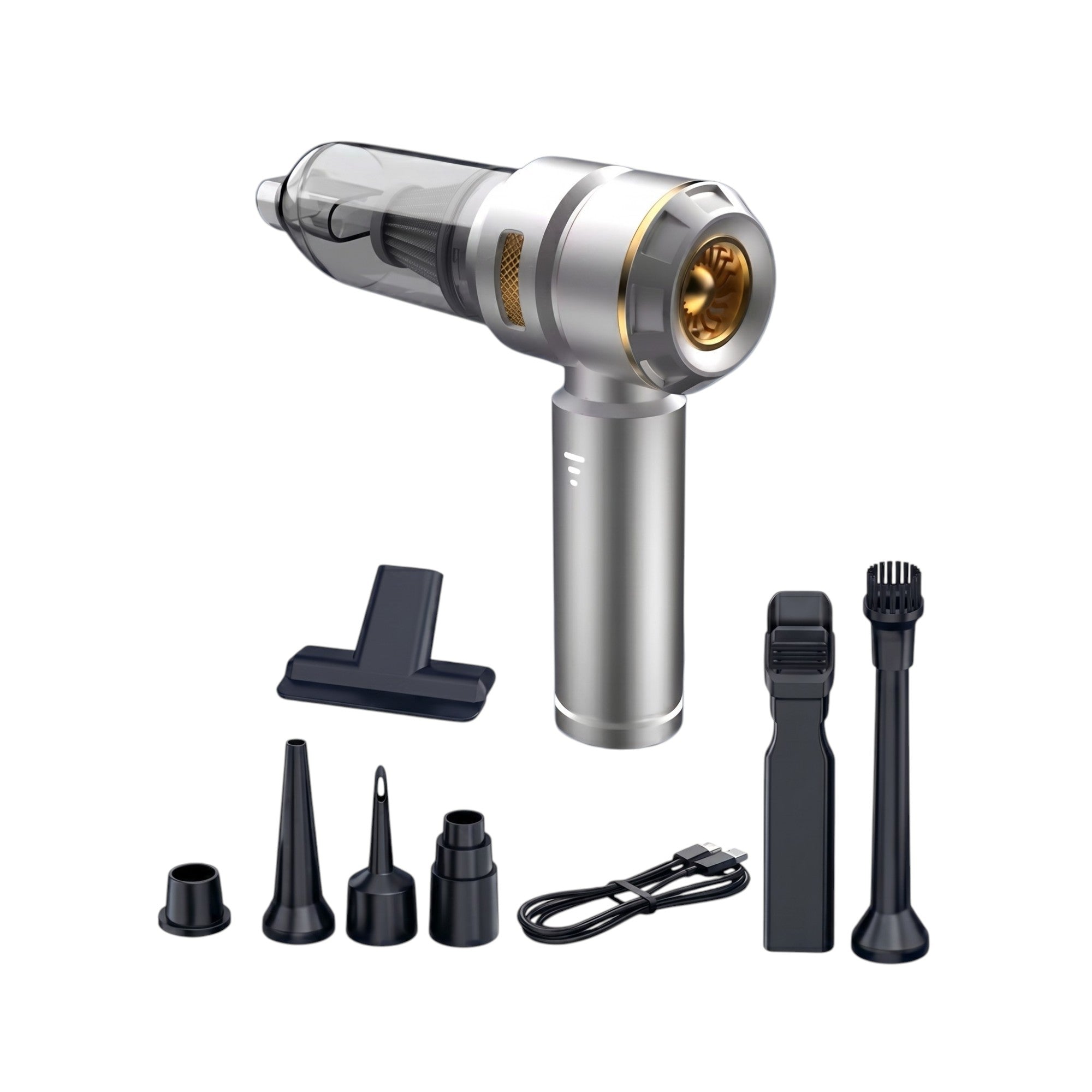 Front view of the standard silver 4-in-1 cordless car vacuum cleaner kit, including vacuum unit and six nozzle accessories on a solid white background.
