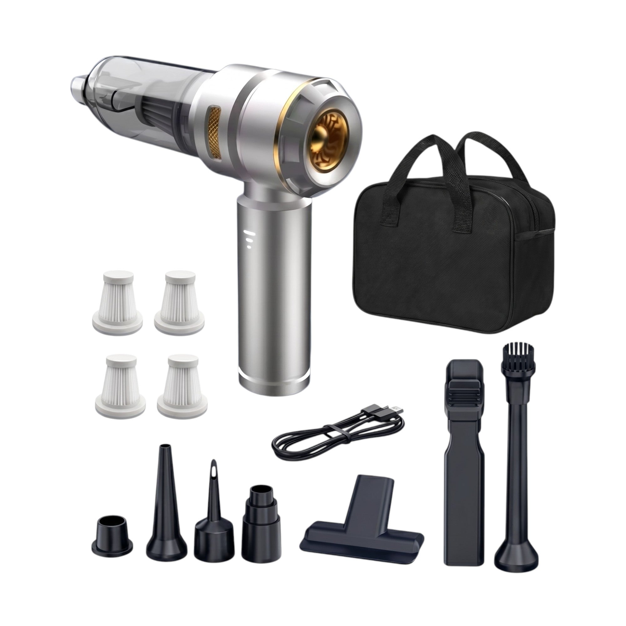 Front view of the ultimate silver 4-in-1 cordless car vacuum cleaner bundle, including vacuum unit, storage bag, four filters, and six nozzle accessories on a solid white background.