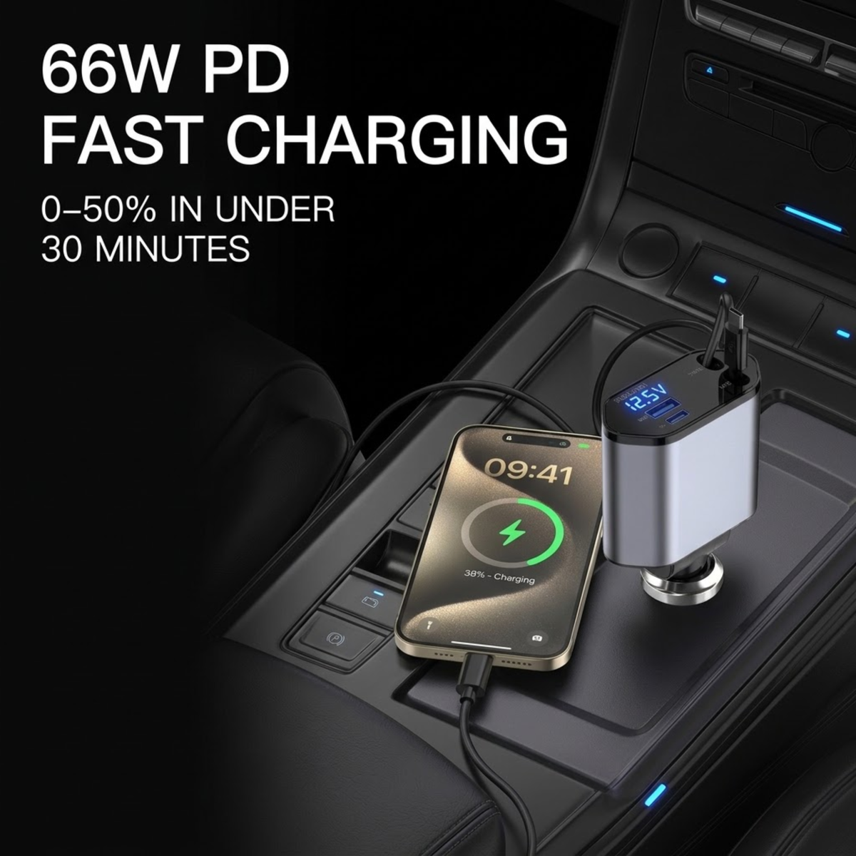 A 66W PD fast charging adapter shown plugged into a car center console next to a smartphone, with text overlay reading '66W PD FAST CHARGING 0-50% IN UNDER 30 MINUTES'.