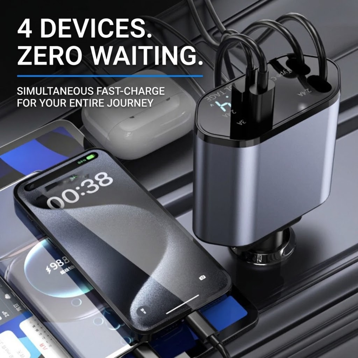 A 4-port USB car charger shown plugged into a vehicle power socket, charging multiple smartphones and wireless earbuds. The charger has a metallic silver and black body with four black cables plugged in.