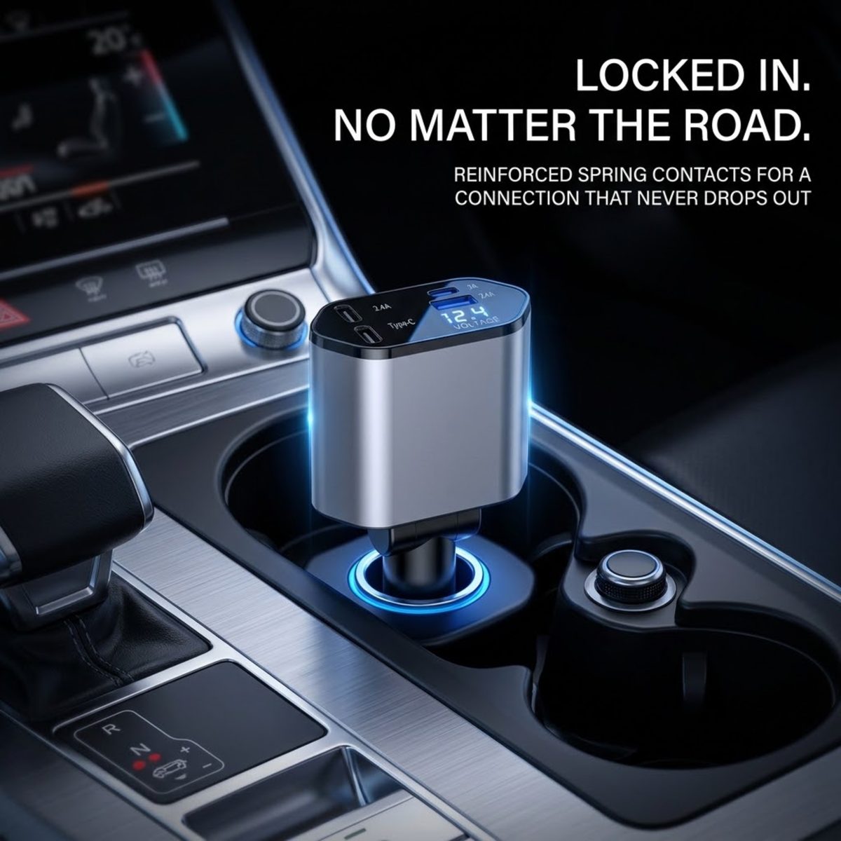 A silver and black car cigarette lighter adapter with a digital display, shown plugged into a car's center console cup holder. The image includes promotional text that reads 'LOCKED IN.