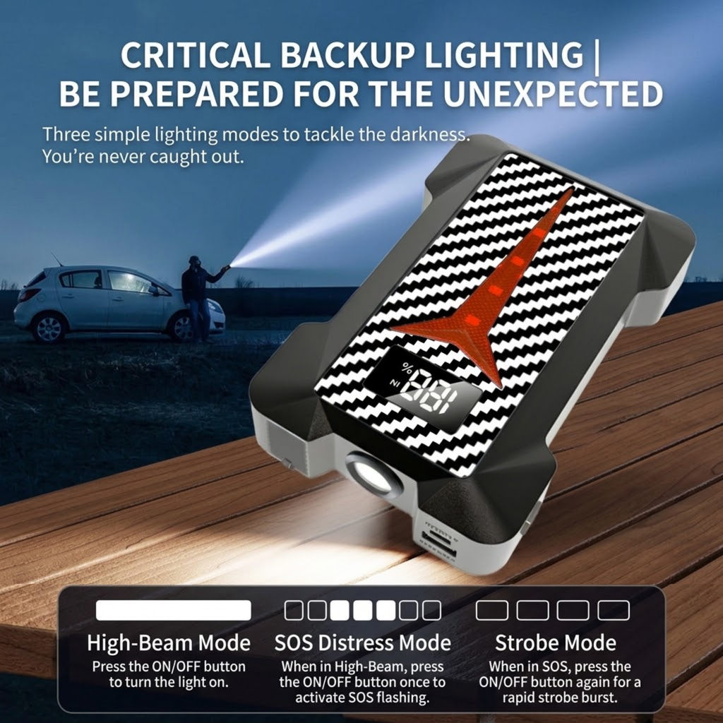 4-in-1 Roadside Power Pack built-in LED torch with high-beam, SOS and strobe modes, shown beside a car at dusk