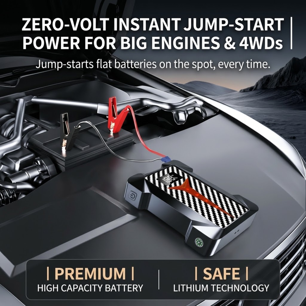 4-in-1 Roadside Power Pack jump-starting a flat battery in a car engine bay with clamps attached to the terminals