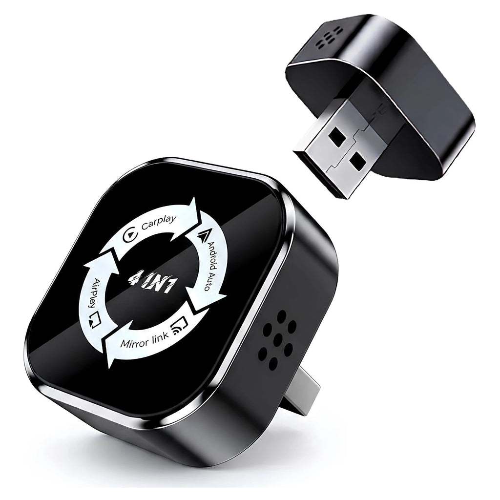Black 4-in-1 wireless CarPlay and Android Auto adapter with USB plug on a white background