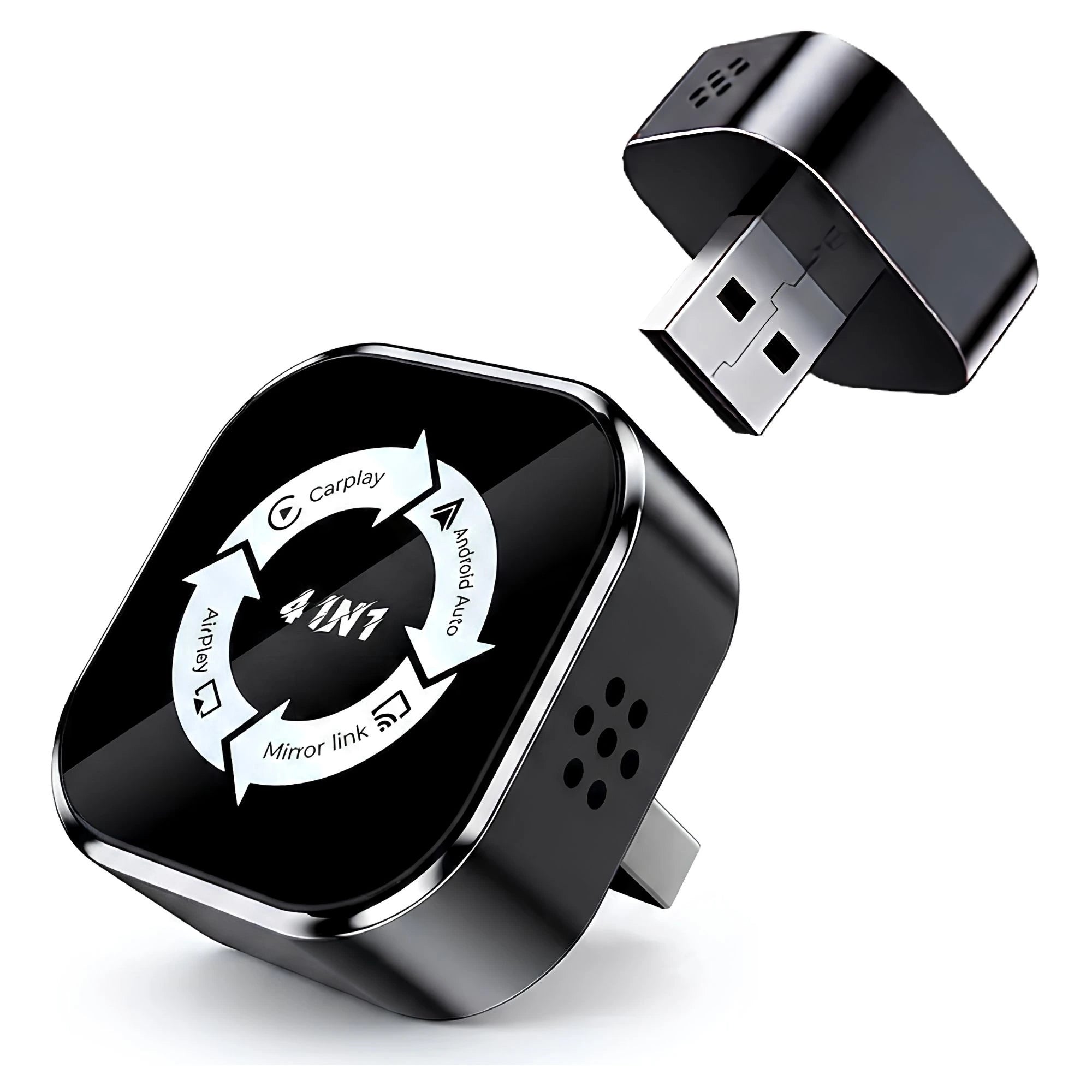 Black 4-in-1 wireless CarPlay and Android Auto adapter with USB plug on a white background