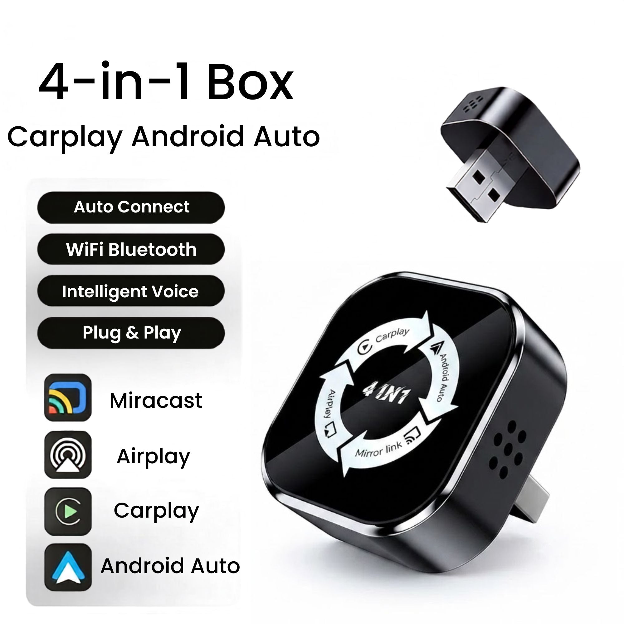 Infographic listing 4-in-1 CarPlay Android Auto adapter features including auto connect and voice control