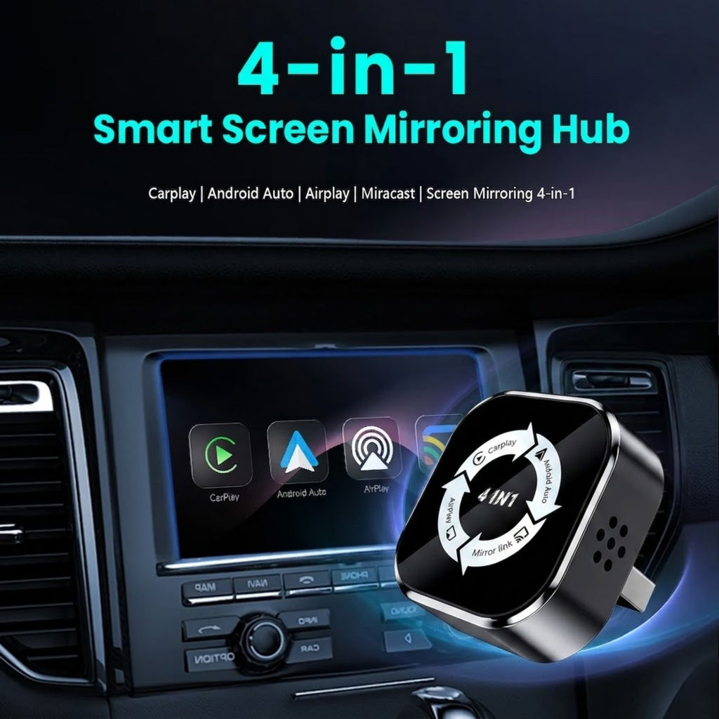 Wireless CarPlay Android Auto smart screen mirroring hub shown connected to a car infotainment display