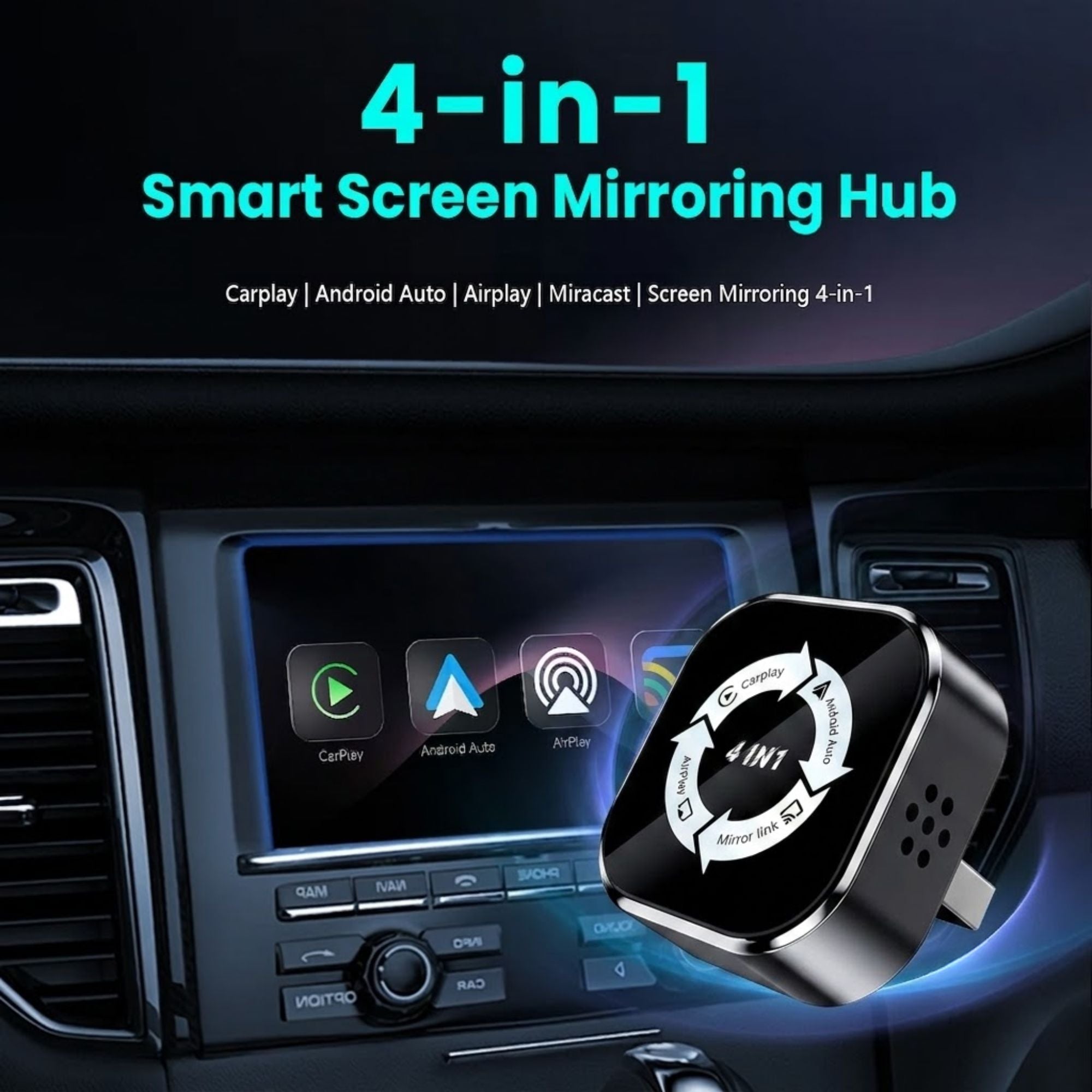 Wireless CarPlay Android Auto smart screen mirroring hub shown connected to a car infotainment display