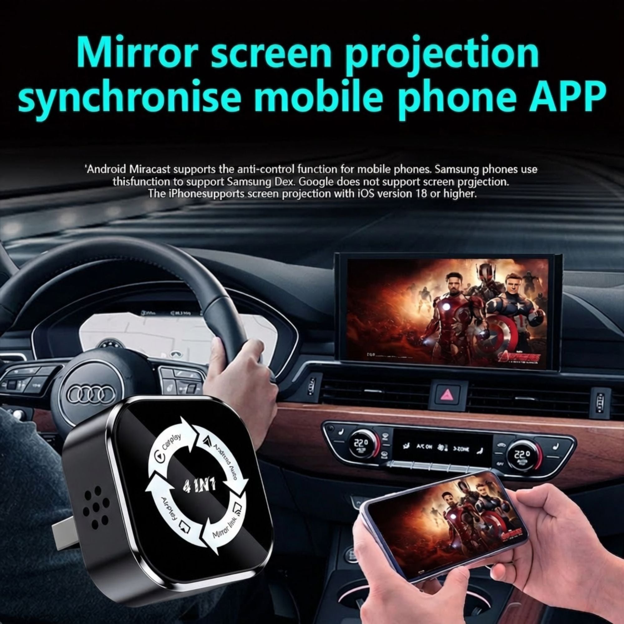 Wireless CarPlay adapter mirroring a movie from a smartphone to the car touchscreen display