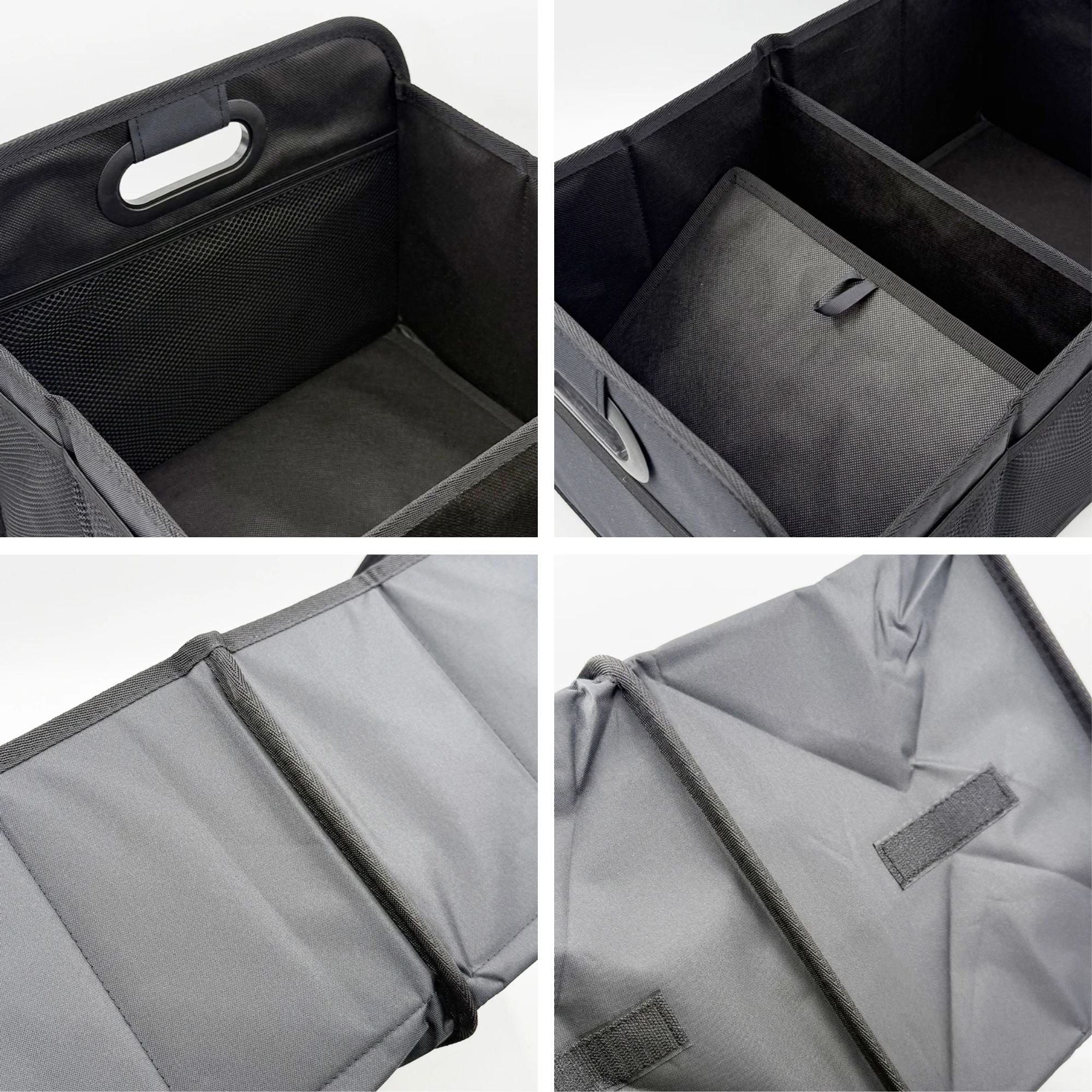 Close-up detail collage of Foldable Car Boot Organiser showing carry handle, internal mesh divider, folded profile and Velcro fastening strap