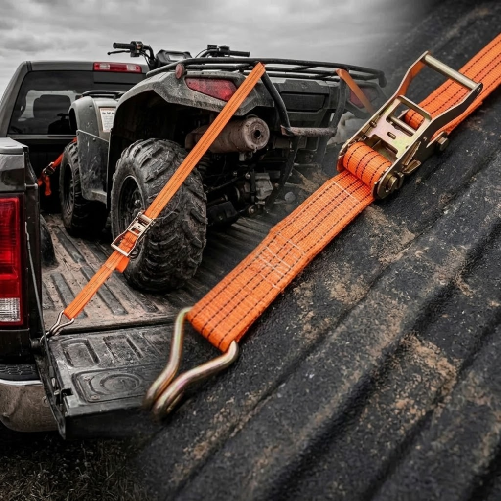 Orange 40 mm ratchet tie down securing a quad bike in the tray of a black pickup ute