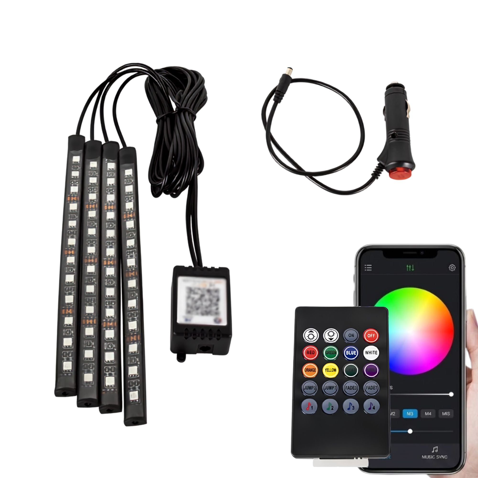 Car LED underdash light kit with four slim light bars, a power adapter, controller, remote, and a smartphone app screen showing color selection, on a white background.