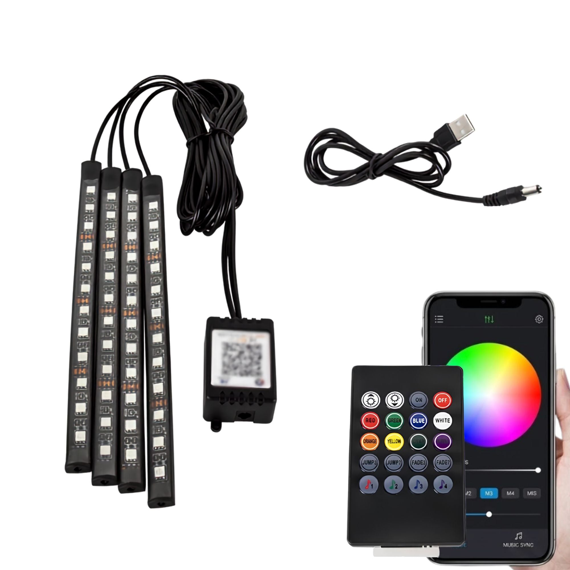 Four slim LED light strips with attached black cables, a USB charging cable, a small control box with a QR code, a handheld remote control with a colorful button grid, and a smartphone showing a color wheel app screen. A hand is holding the phone on the right.