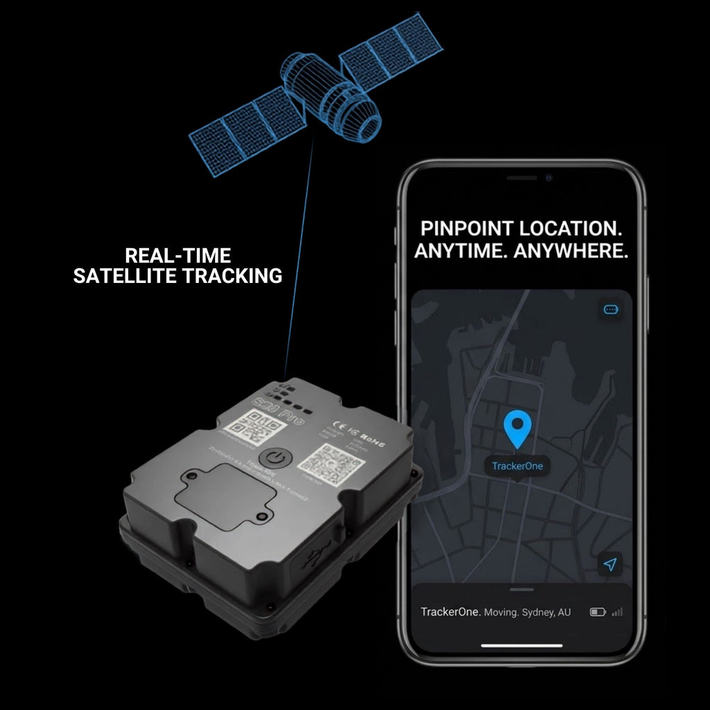 A black rectangular satellite tracking device with QR codes and a power button shown beside a smartphone displaying a map with a blue location pin. White text reads 'REAL-TIME SATELLITE TRACKING' and the phone screen says 'PINPOINT LOCATION.