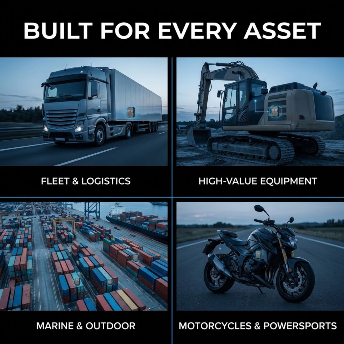 A four-panel promotional graphic with the headline 'BUILT FOR EVERY ASSET' above categories labeled Fleet & Logistics, High-Value Equipment, Marine & Outdoor, and Motorcycles & Powersports. The panels show a semi-truck, an excavator, a shipping container yard, and a motorcycle on roads or waterways.