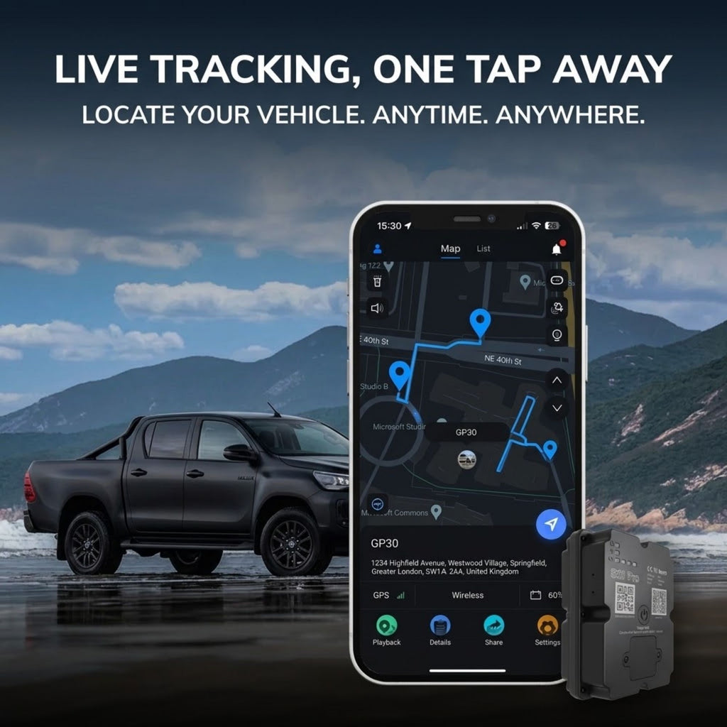 A GPS vehicle tracking device shown alongside a smartphone displaying a live tracking map, with a black pickup truck in the background and the text 'LIVE TRACKING, ONE TAP AWAY' at the top.