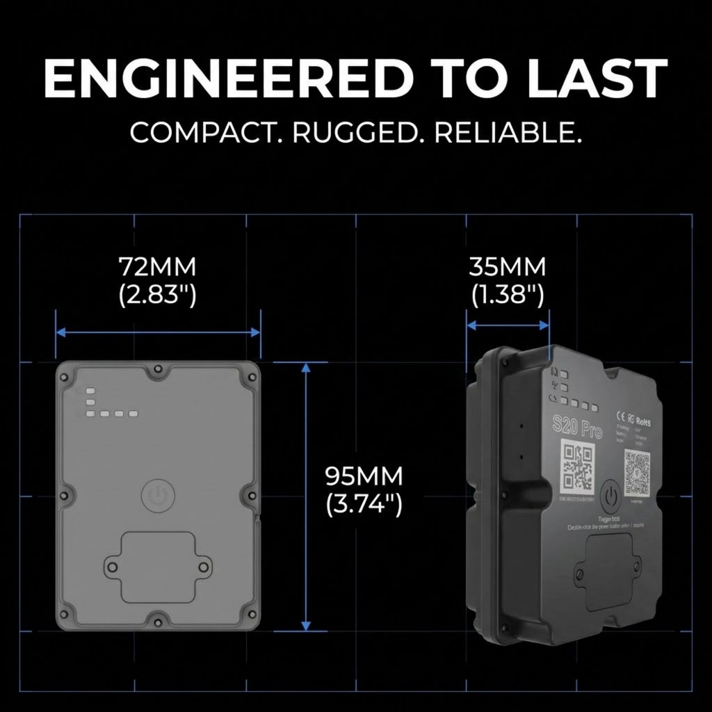 Technical dimension graphic showing a compact rugged electronic module from two angles on a black background, with text reading 'ENGINEERED TO LAST' and measurements labeled 72MM (2.83") width, 35MM (1.