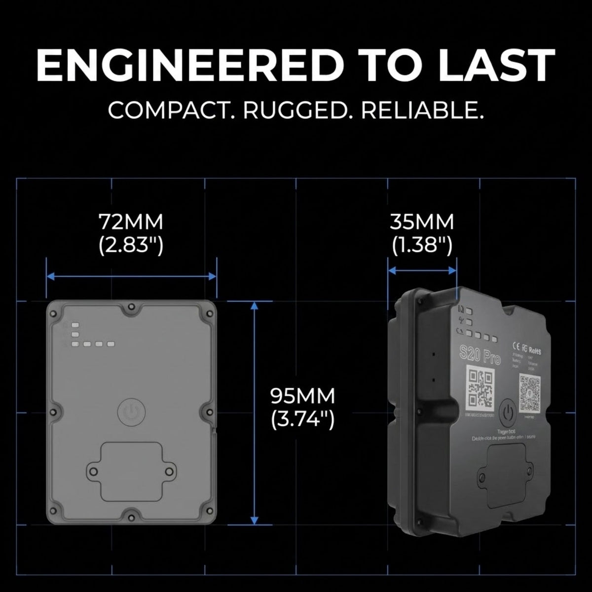 Technical dimension graphic showing a compact rugged electronic module from two angles on a black background, with text reading 'ENGINEERED TO LAST' and measurements labeled 72MM (2.83") width, 35MM (1.