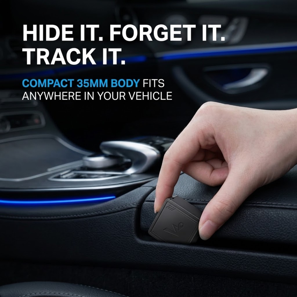 Hand placing the compact 4G Vehicle GPS Tracker into a car door storage compartment
