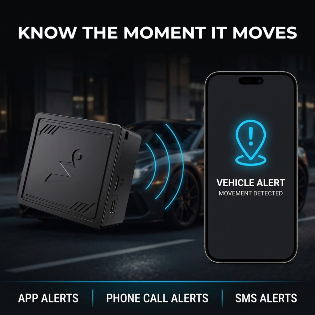 4G Vehicle GPS Tracker beside a smartphone displaying a vehicle movement alert