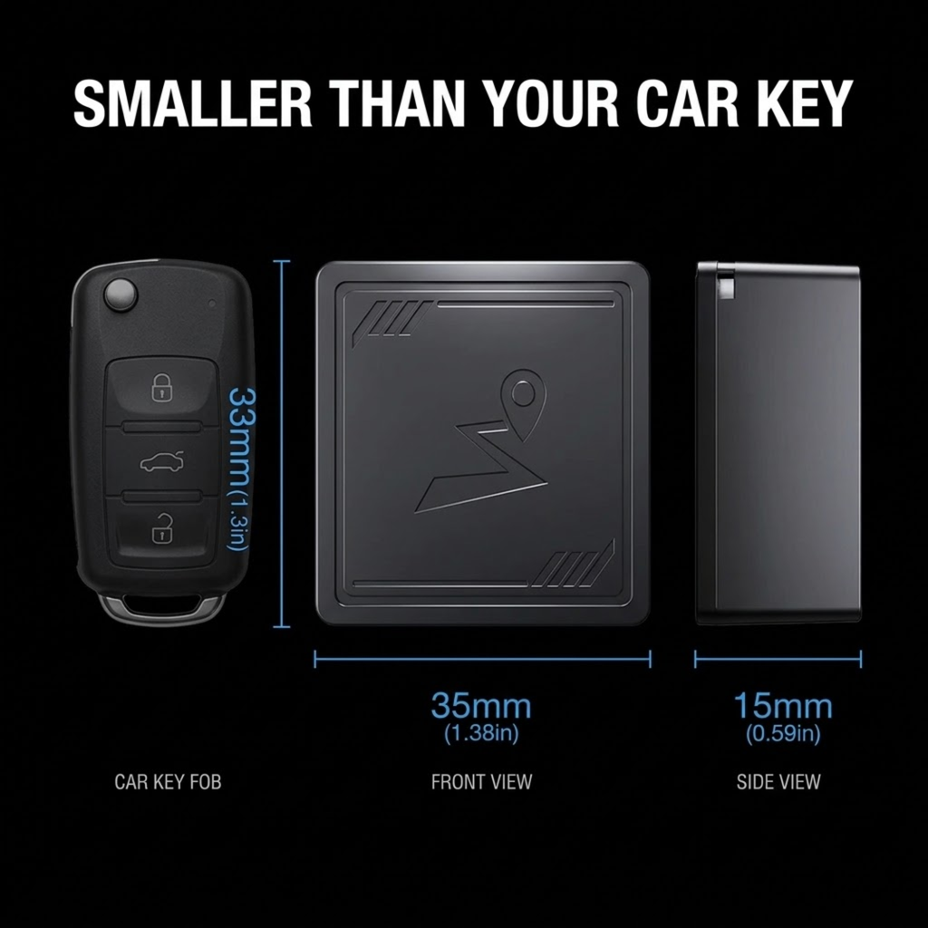 4G Vehicle GPS Tracker front and side views measuring 35 mm by 33 mm by 15 mm next to a car key fob
