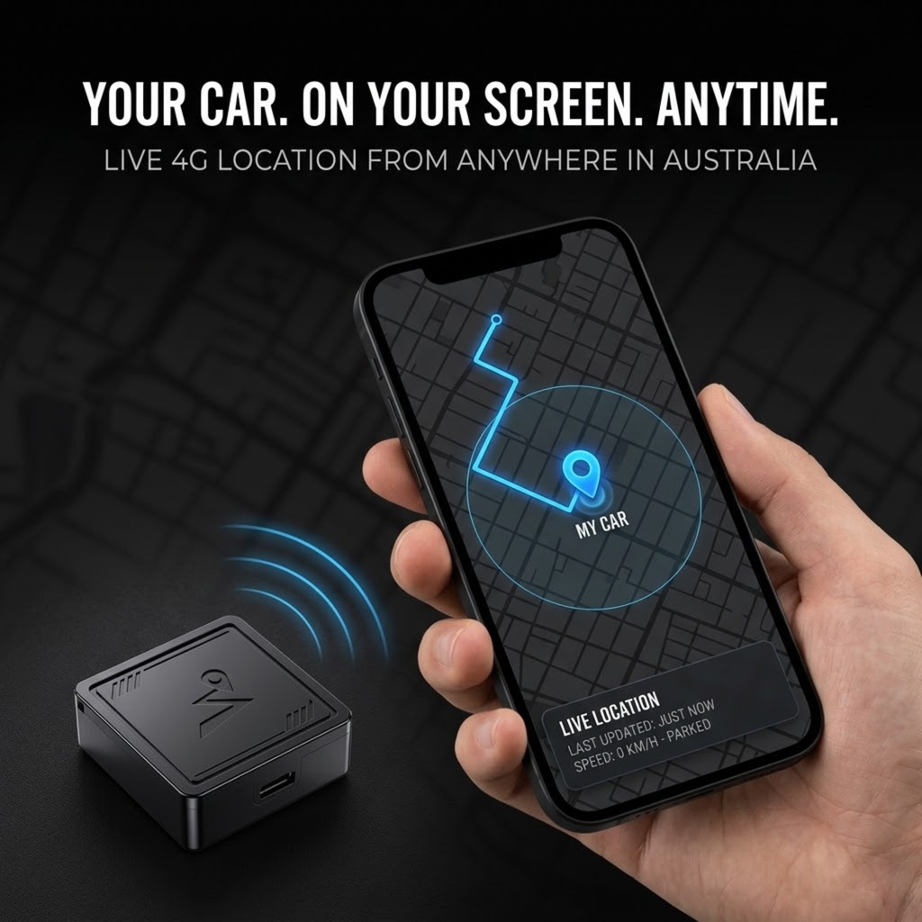 Hand holding a smartphone showing live vehicle location on a map beside the 4G Vehicle GPS Tracker