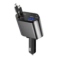 4-in-1 Retractable Car Charger on a plain white background, angled view showing USB-C ports and voltage display.