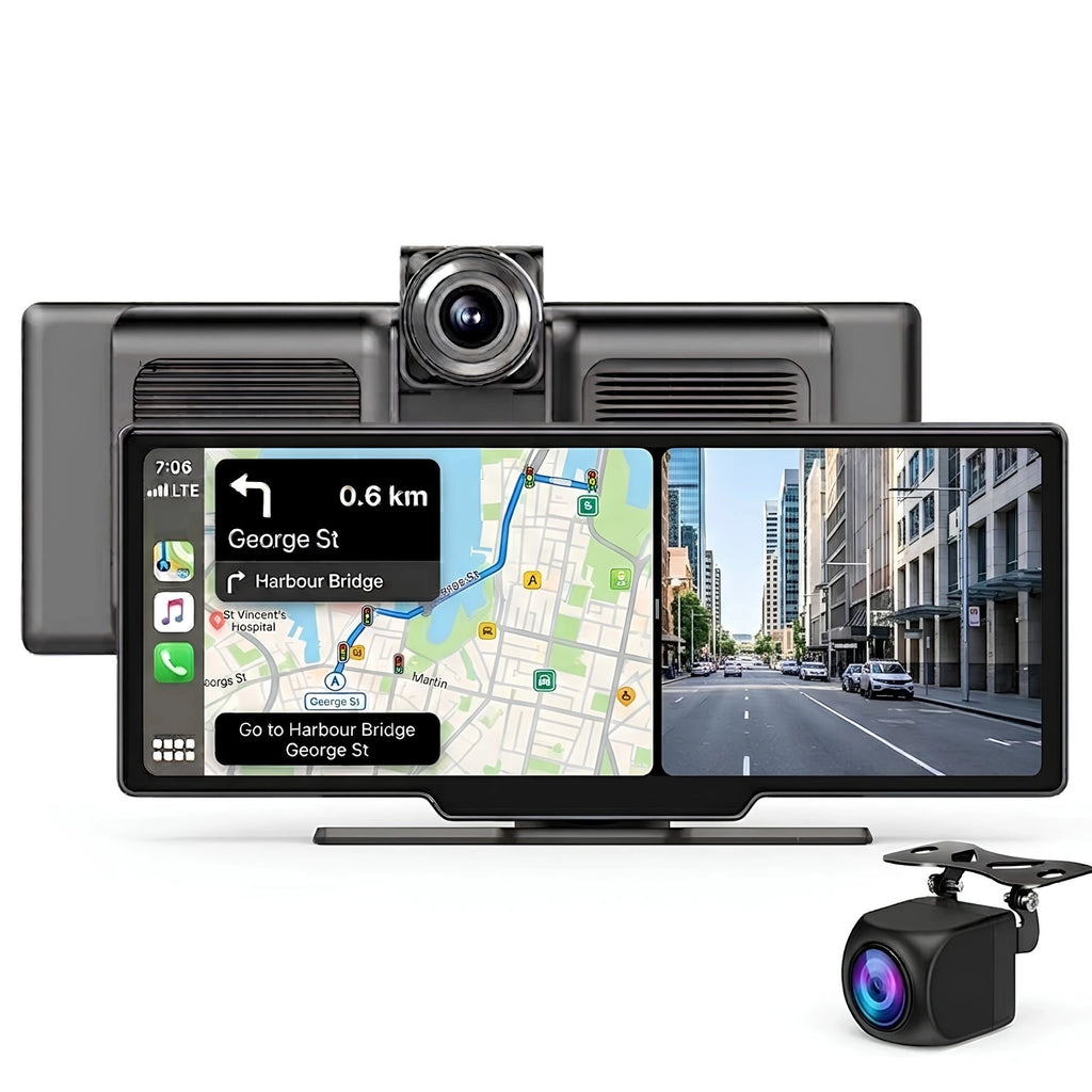 4K CarPlay Mirror Dash Cam mirror monitor with front and rear camera displaying CarPlay navigation map