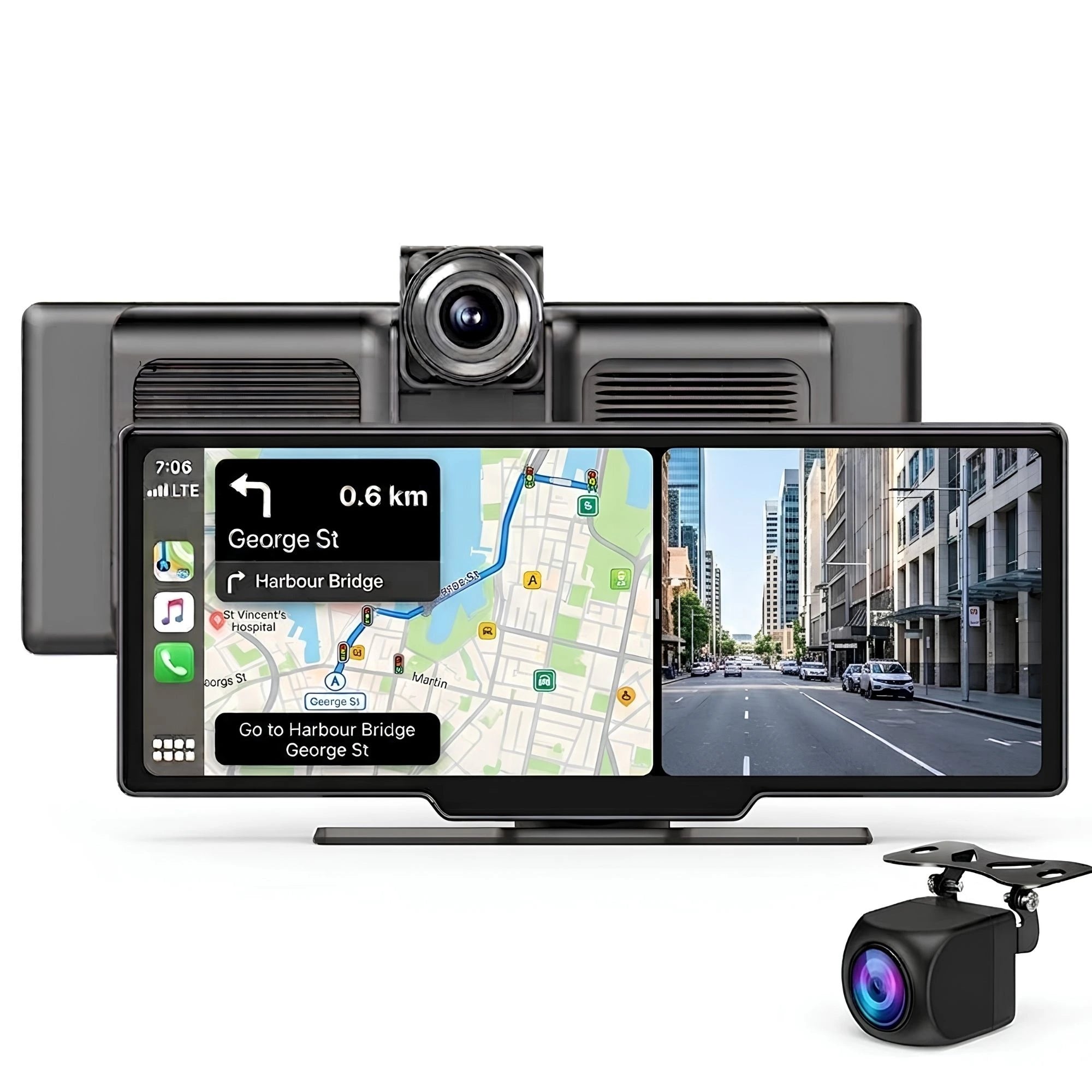 4K CarPlay Mirror Dash Cam mirror monitor with front and rear camera displaying CarPlay navigation map