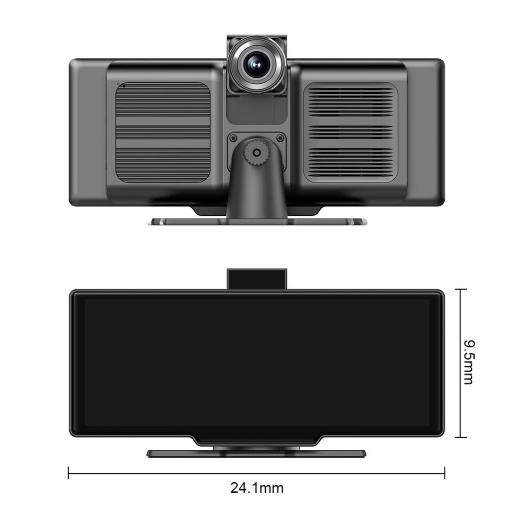 4K CarPlay Mirror Dash Cam GPS navigation with Google Maps shown on dashboard display along a coastal road