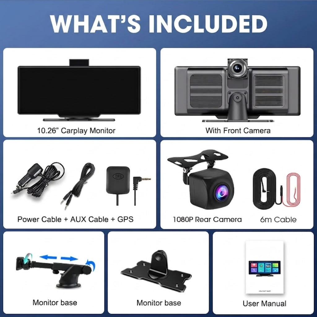 4K CarPlay Mirror Dash Cam mounted low on windshield showing unobstructed forward driving view