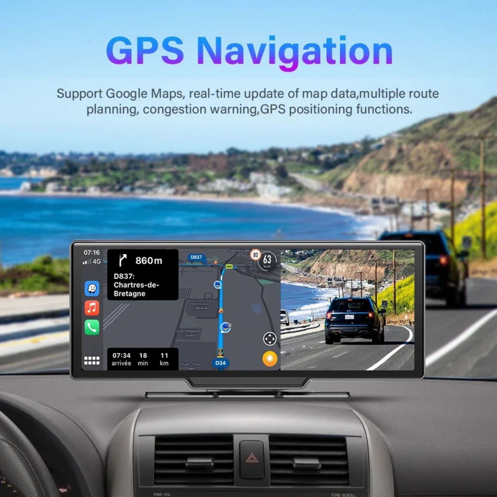 4K CarPlay Mirror Dash Cam front and side profile studio photo showing device thickness of 9.5 millimetres