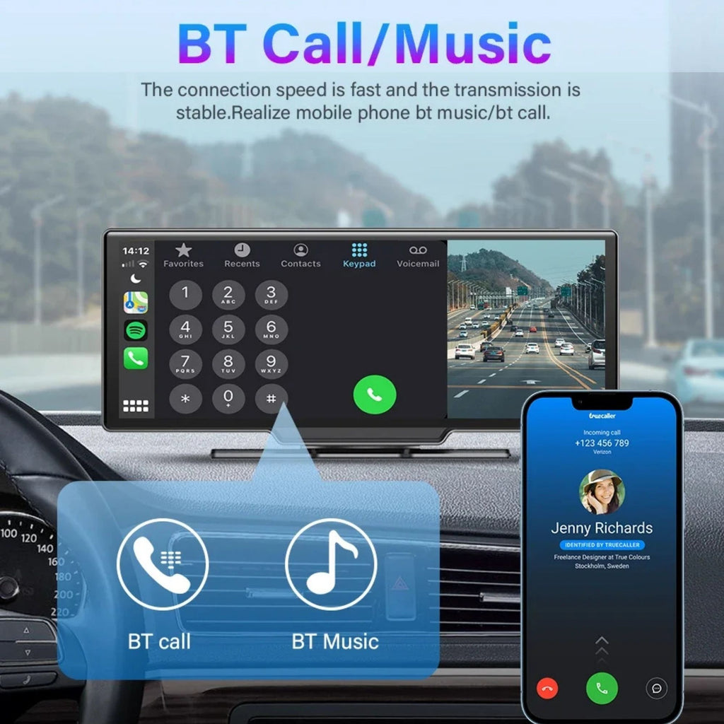 4K CarPlay Mirror Dash Cam dashboard display showing wireless CarPlay app icons and front camera view button