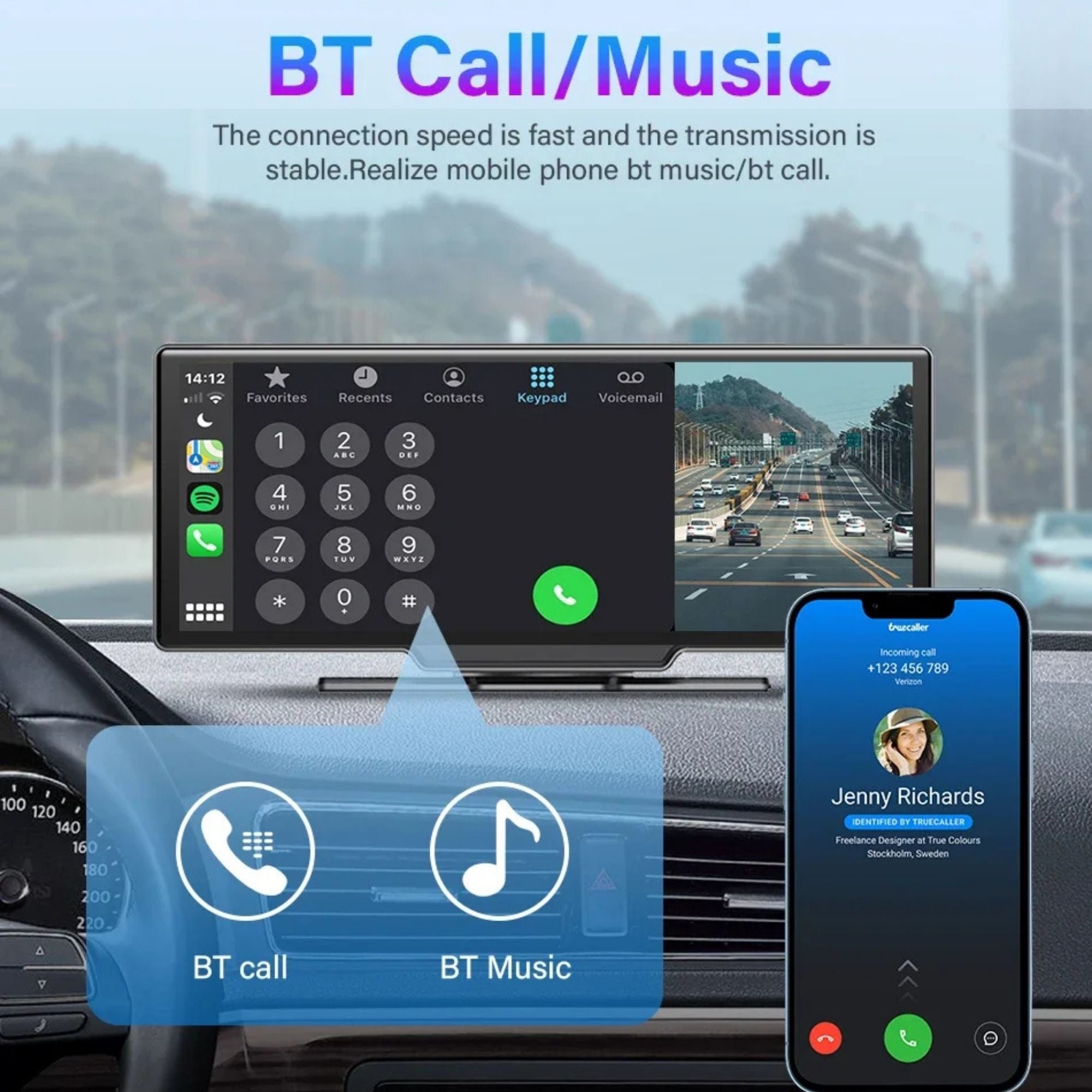 4K CarPlay Mirror Dash Cam dashboard display showing wireless CarPlay app icons and front camera view button