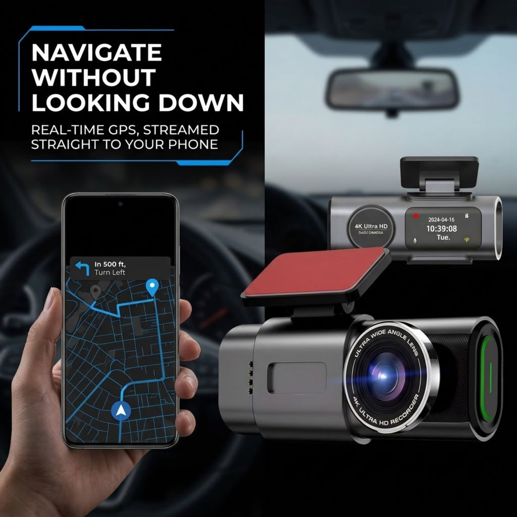 A black and silver dash cam with a red mounting bracket is shown alongside a smartphone displaying a navigation app and a car interior background. Text on the left reads 'NAVIGATE WITHOUT LOOKING DOWN' and 'REAL-TIME GPS, STREAMED STRAIGHT TO YOUR PHONE.