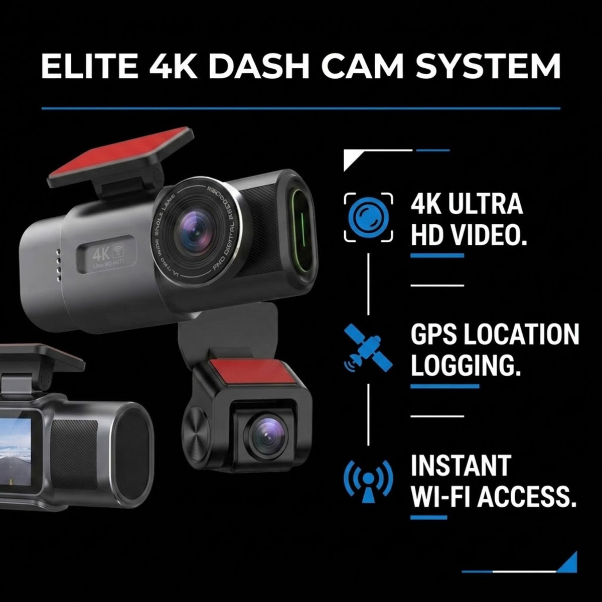 Promotional graphic for an 'ELITE 4K DASH CAM SYSTEM' showing multiple black dash cams with red mounting pads on a black background, alongside feature callouts for 4K ultra HD video, GPS location logging, and instant Wi-Fi access.