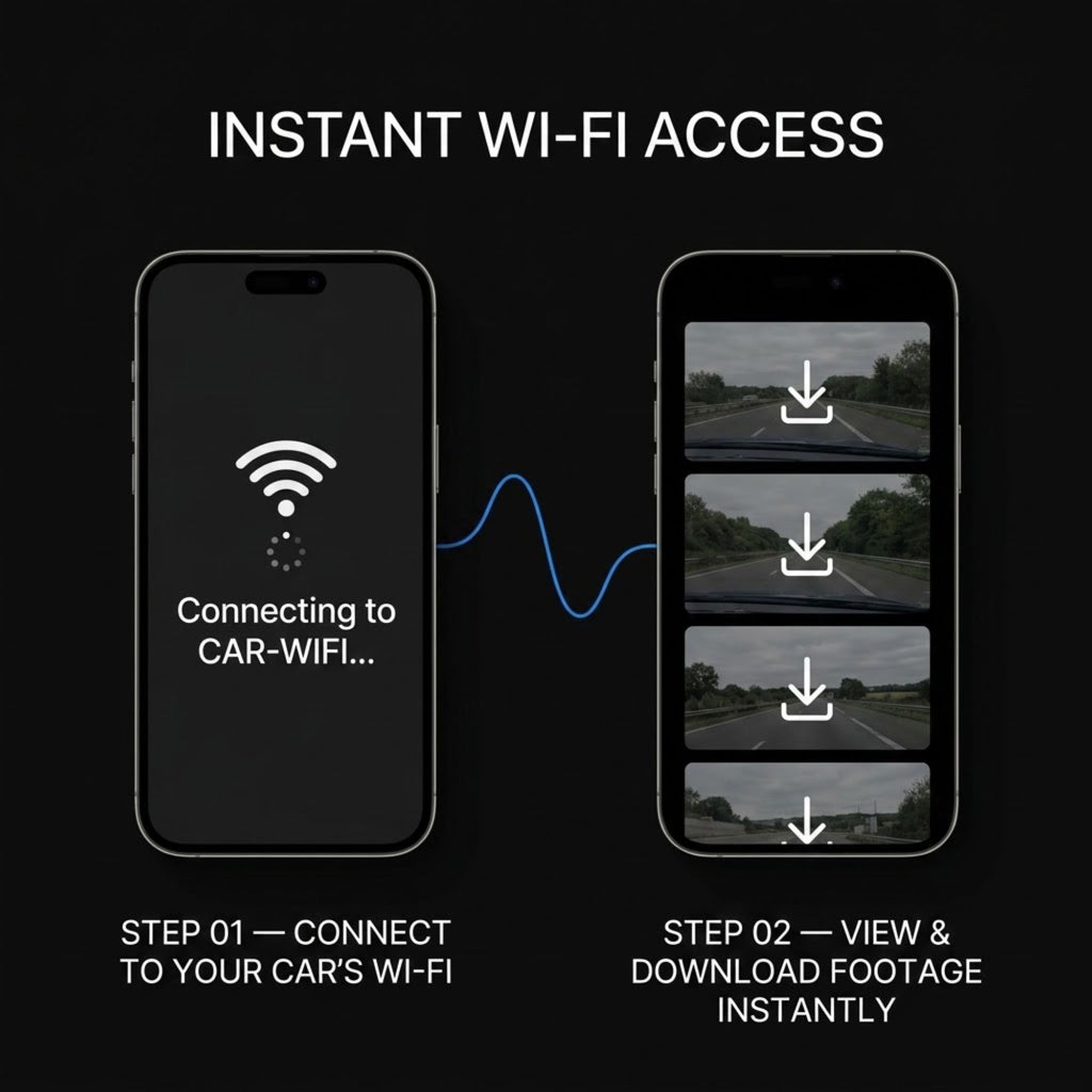 Promotional graphic for instant Wi-Fi car connectivity, showing two smartphones on a black background. The left phone displays a connecting-to-car-Wi-Fi icon and the text 'Connecting to CAR-WIFI.