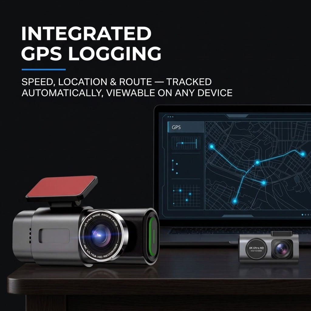 A dark gray GPS logging camera shown on a desk with a laptop displaying a GPS map and route, plus a smaller standalone camera in front. Text on the image reads 'INTEGRATED GPS LOGGING' and 'SPEED, LOCATION & ROUTE — TRACKED AUTOMATICALLY, VIEWABLE ON ANY DEVICE.