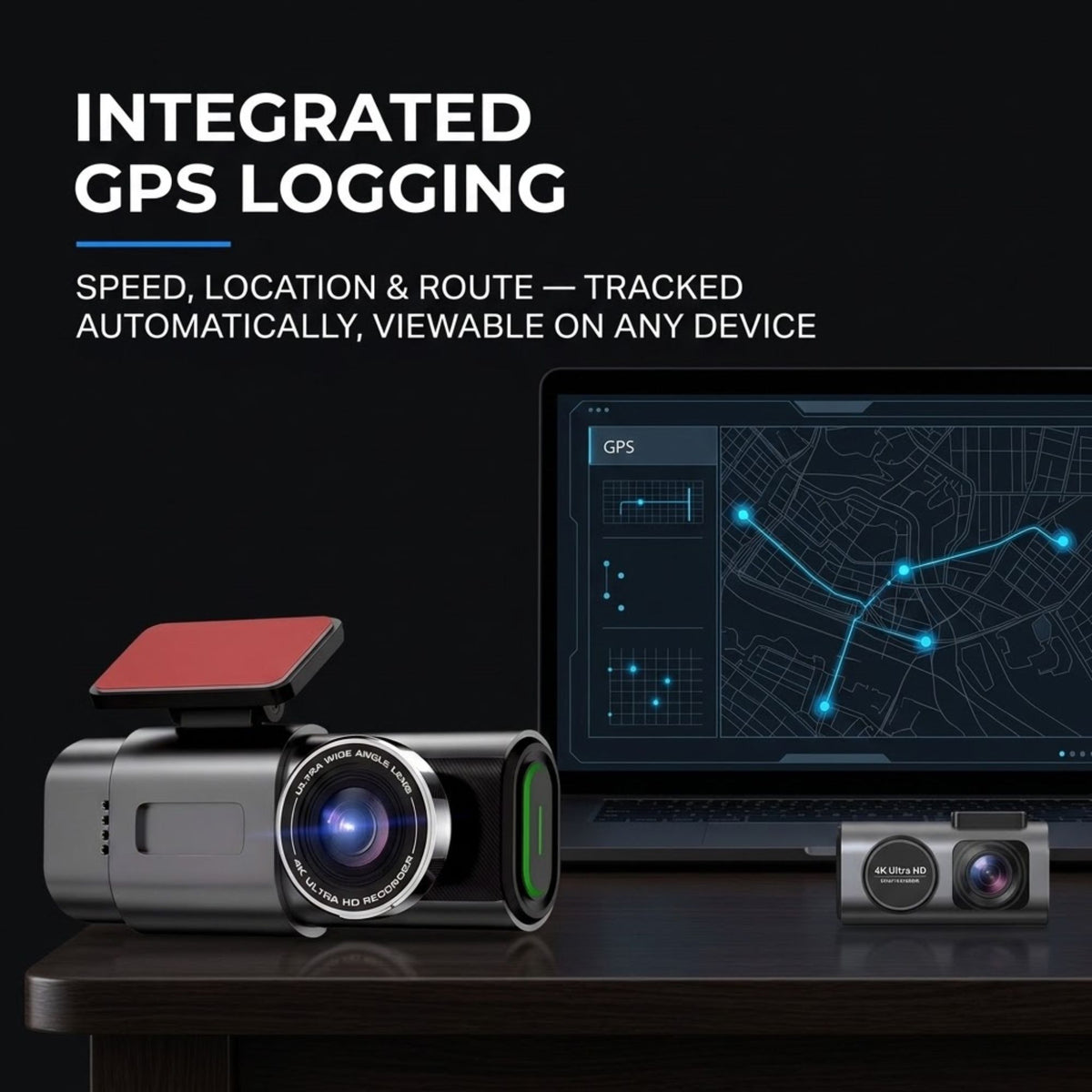 A dark gray GPS logging camera shown on a desk with a laptop displaying a GPS map and route, plus a smaller standalone camera in front. Text on the image reads 'INTEGRATED GPS LOGGING' and 'SPEED, LOCATION & ROUTE — TRACKED AUTOMATICALLY, VIEWABLE ON ANY DEVICE.