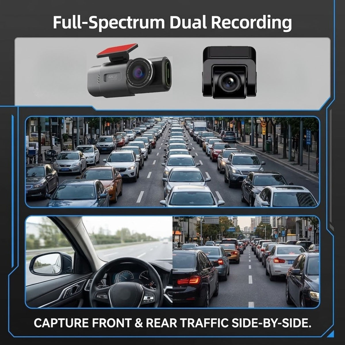 A promotional graphic for a dual car camera system showing front and rear views, with two small product renders at the top and two real-world traffic scene screenshots below. Text reads 'Full-Spectrum Dual Recording' and 'CAPTURE FRONT & REAR TRAFFIC SIDE-BY-SIDE.