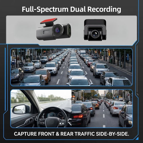 A promotional graphic for a dual car camera system showing front and rear views, with two small product renders at the top and two real-world traffic scene screenshots below. Text reads 'Full-Spectrum Dual Recording' and 'CAPTURE FRONT & REAR TRAFFIC SIDE-BY-SIDE.