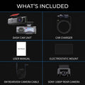 A product inclusion graphic on a black background showing a dash cam kit with labeled components: dash cam unit, car charger, user manual, electrostatic mount, 6M rearview camera cable, and Sony 1080P rear camera.