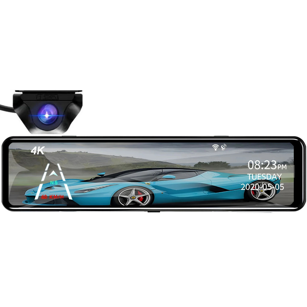 4K Mirror Dash Cam screen displaying a sports car scene with date, time and 4K resolution overlay, alongside the separate rear camera unit